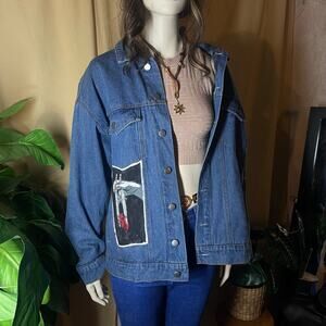 Oversized Art Denim Jacket skull & bee painted jean jacket gothic whimsi grunge
